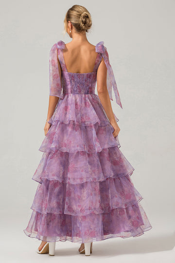 A Line Purple Printed Tiered Tea-Length Long Ball Dress